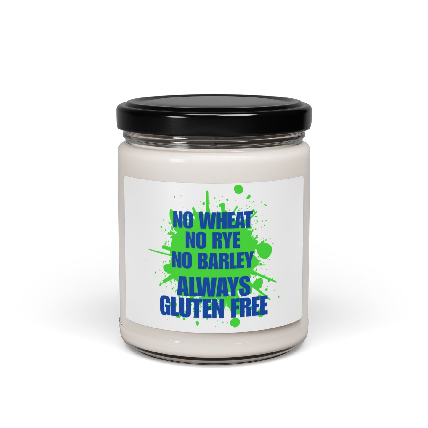 No Wheat, Rye, Barley, gluten free soy scented candle Front view with lid