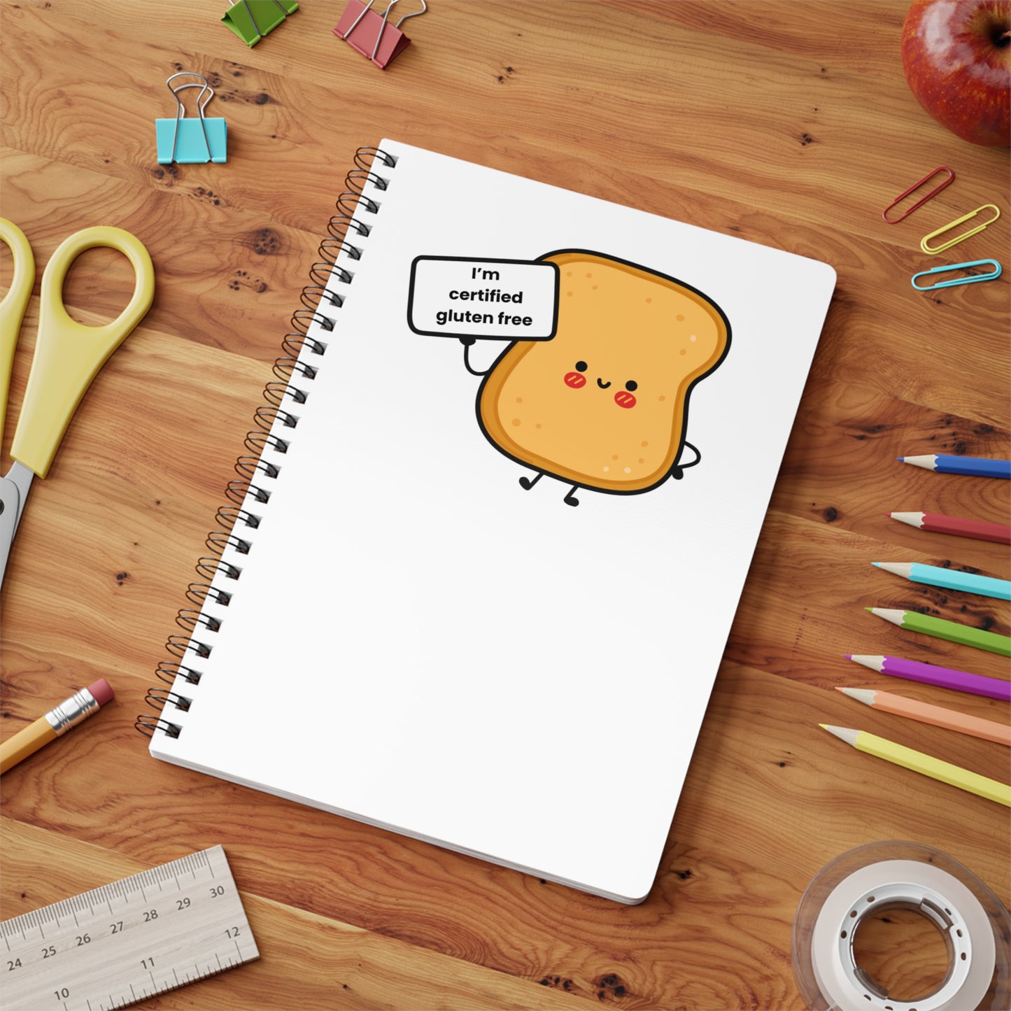Gluten Free Journal Notebook, Cute Toast with Sign Saying 'I'm Certified Gluten Free', A5 Wirebound Softcover Diary, Foodie Gift, Toast