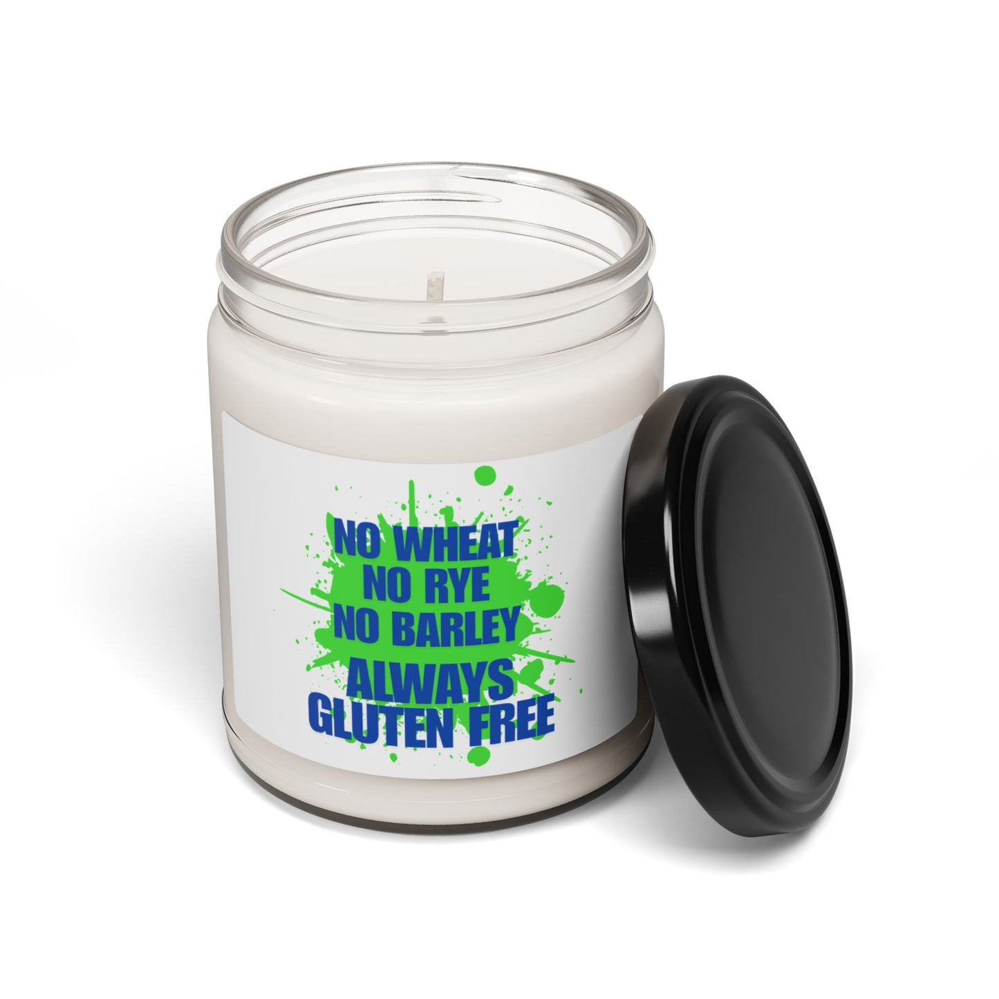 No Wheat, Rye, Barley, gluten free soy scented candle with lid off