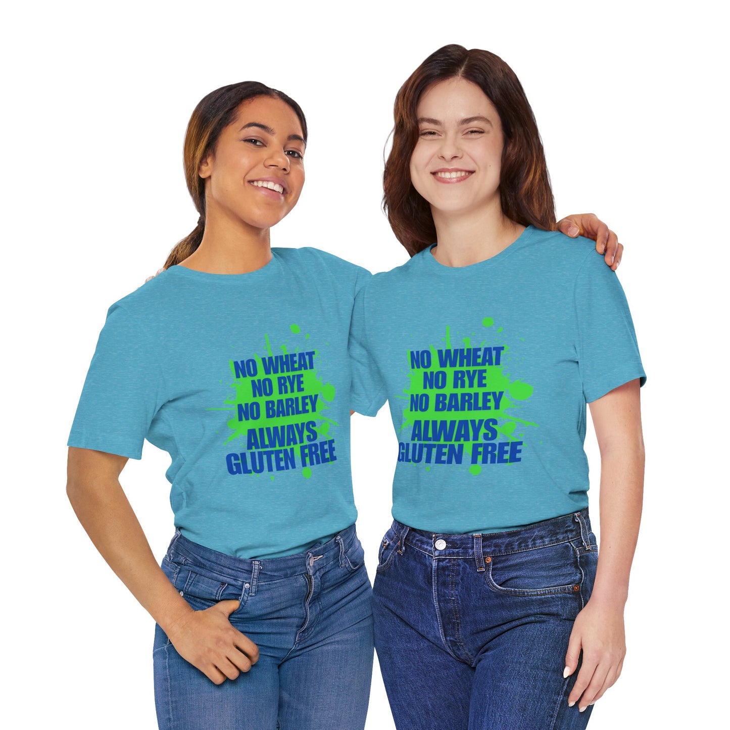 Always gluten free tee - Two people wearing Aqua tee