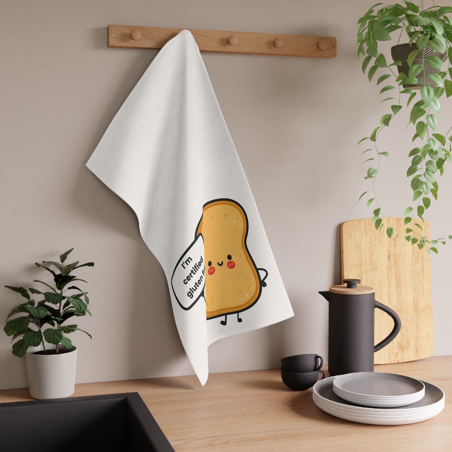 Cute Gluten Free Toast Kitchen Tea Towel - Hanging in Kitchen