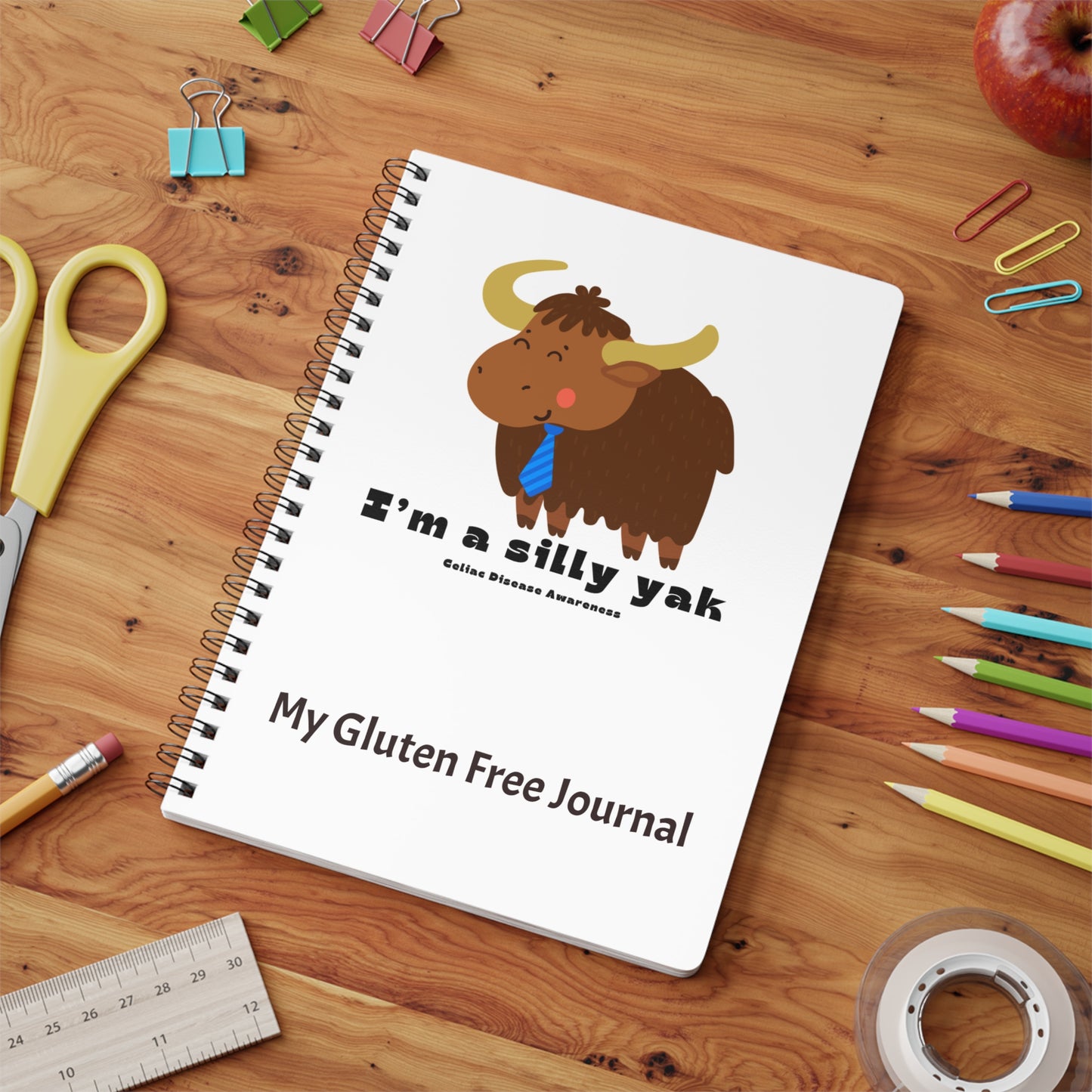 Silly Yak Themed Notebook, Gluten Free Softcover Journal with Cute Design, Blue Tie, Gift for Writers, Students, Stationery Lovers,