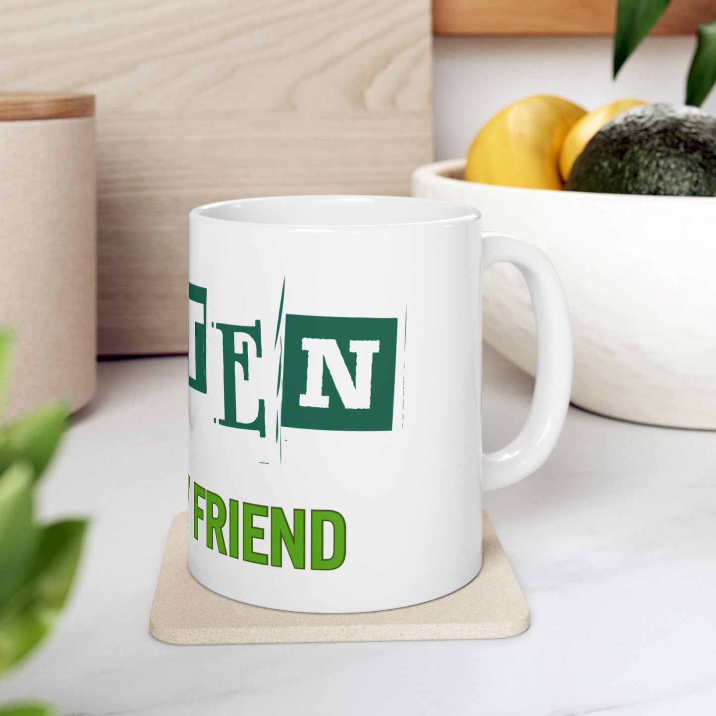 Gluten Free 11oz Ceramic Mug with Stay Cool Handle, Funny Coffee Cup, Celiac Disease Awareness, Kitchen Decor, White Tea Mug, Gift for