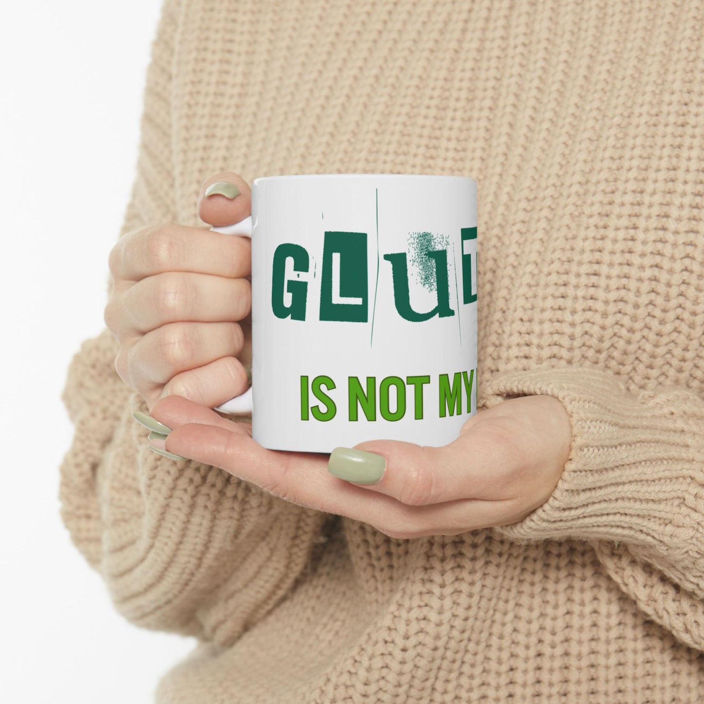 Gluten Free 11oz Ceramic Mug with Stay Cool Handle, Funny Coffee Cup, Celiac Disease Awareness, Kitchen Decor, White Tea Mug, Gift for
