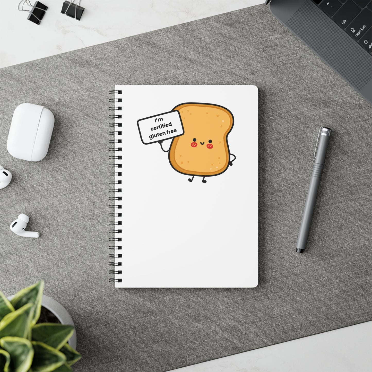 Gluten Free Journal Notebook, Cute Toast with Sign Saying 'I'm Certified Gluten Free', A5 Wirebound Softcover Diary, Foodie Gift, Toast