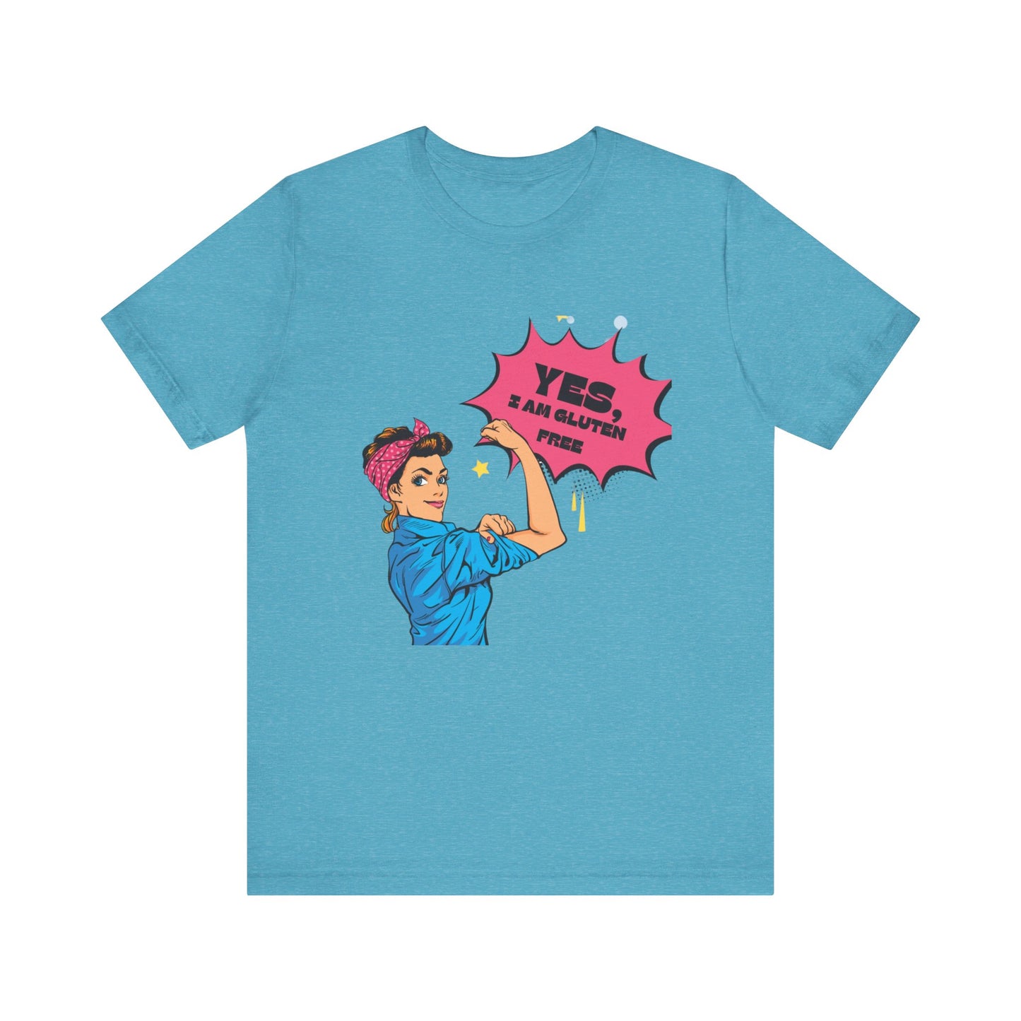 Front view of Retro Woman Gluten Free tee in aqua