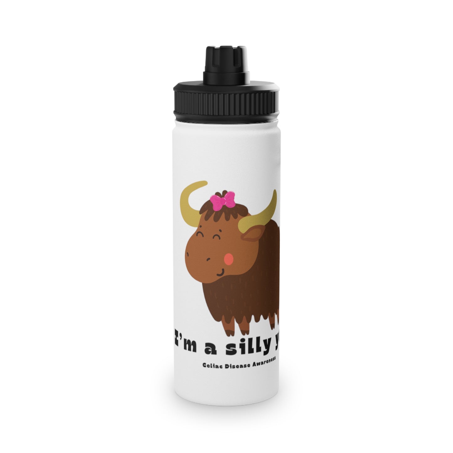 Water Bottle - Cute Silly Yak with Pink Bow Design