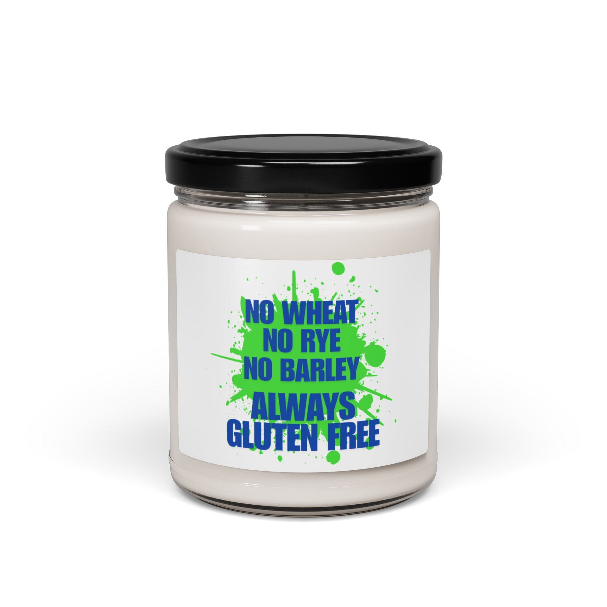 No Wheat, Rye, Barley, gluten free soy scented candle Front view with lid