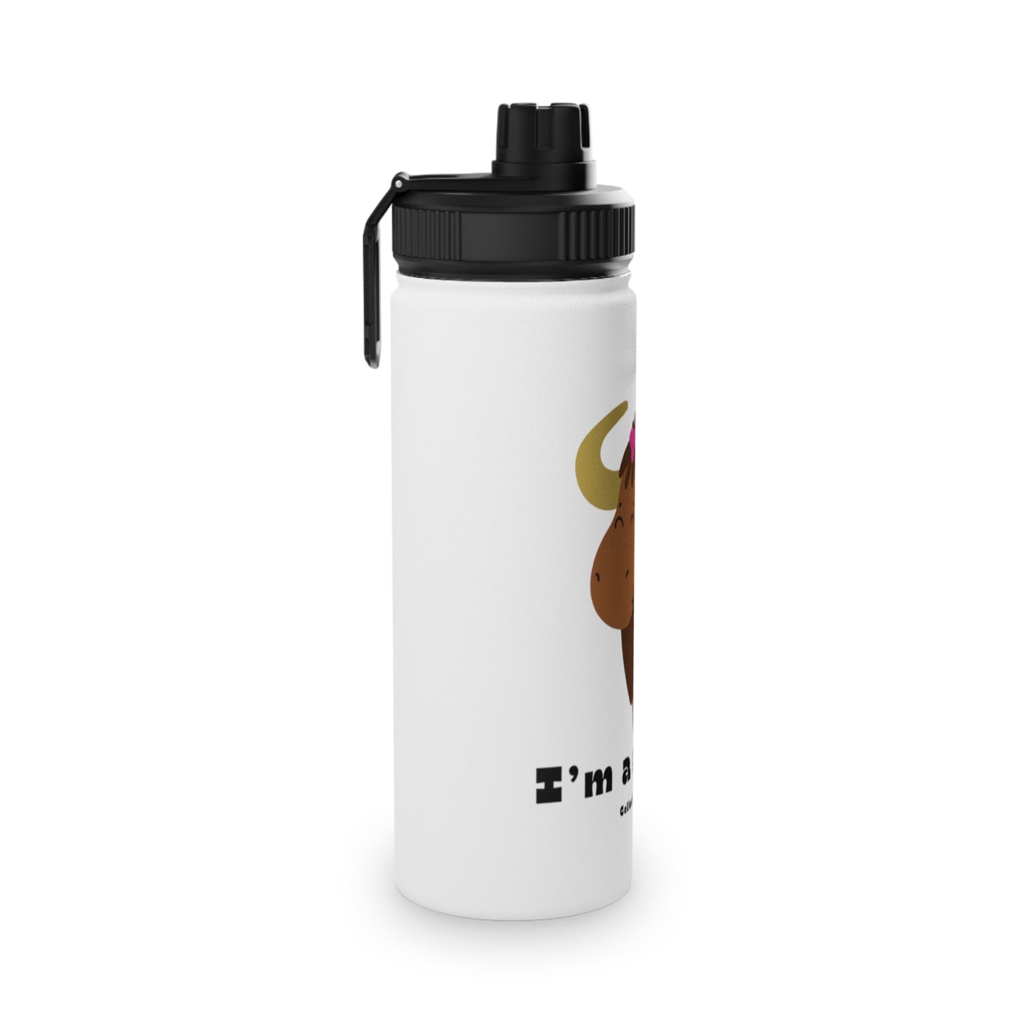 Water Bottle - Cute Silly Yak with Pink Bow Design
