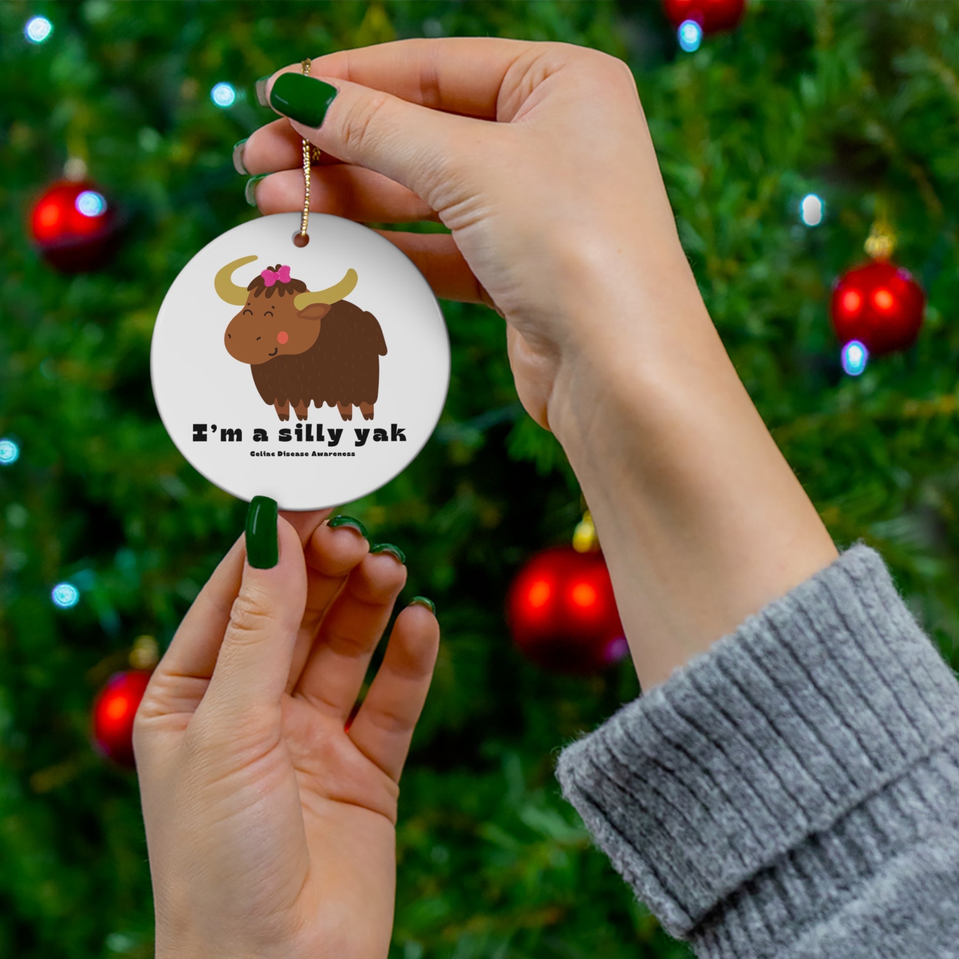 Silly Yak Christmas Ornament - Circle Shape on Tree