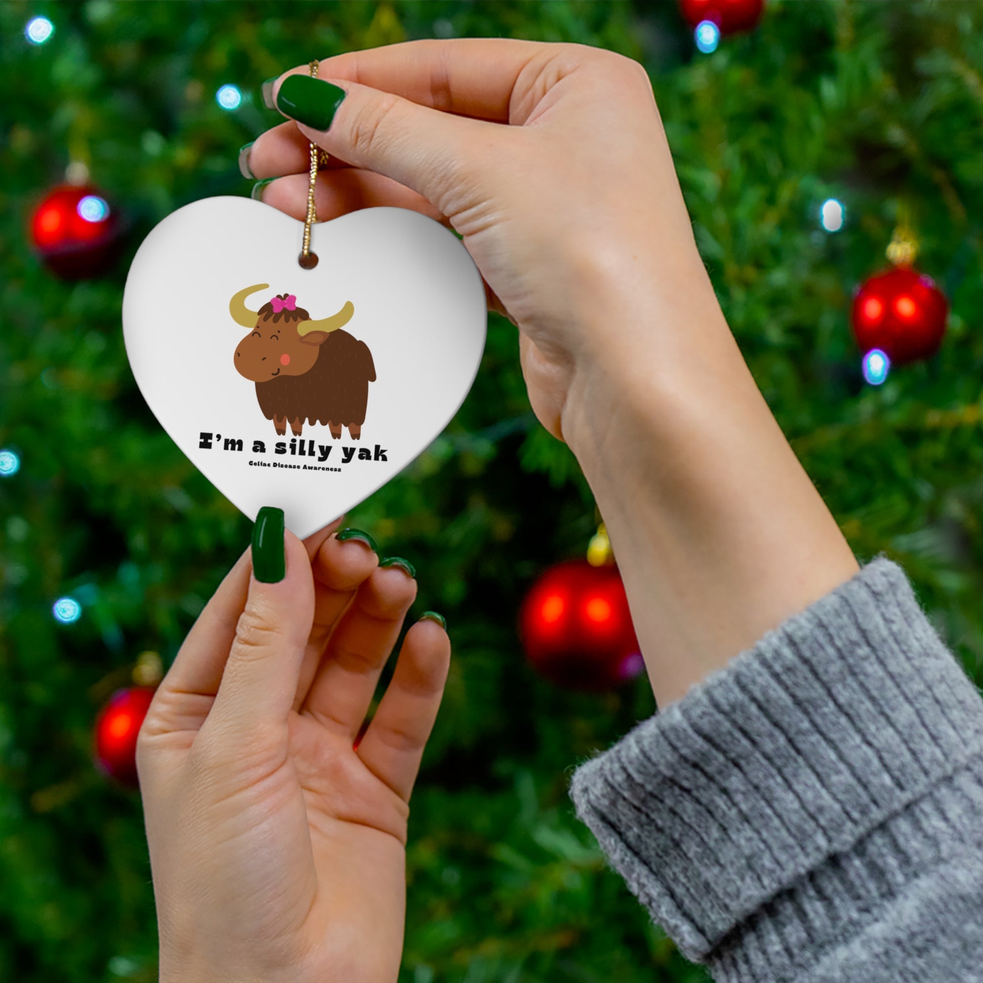 Silly Yak Christmas Ornament - Heart Shape on Tree
