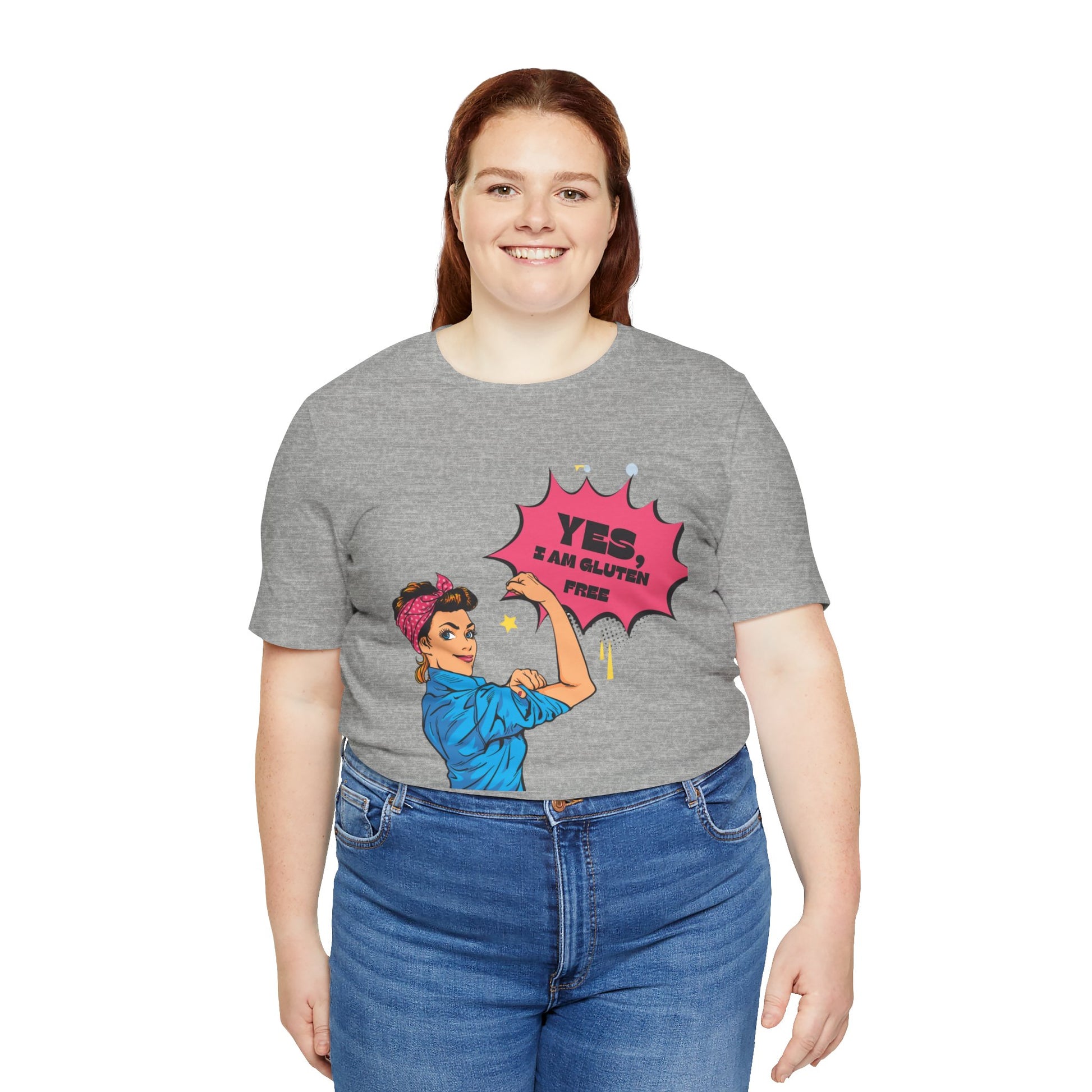 Woman Front view of Retro Woman Gluten Free tee in sample in grey